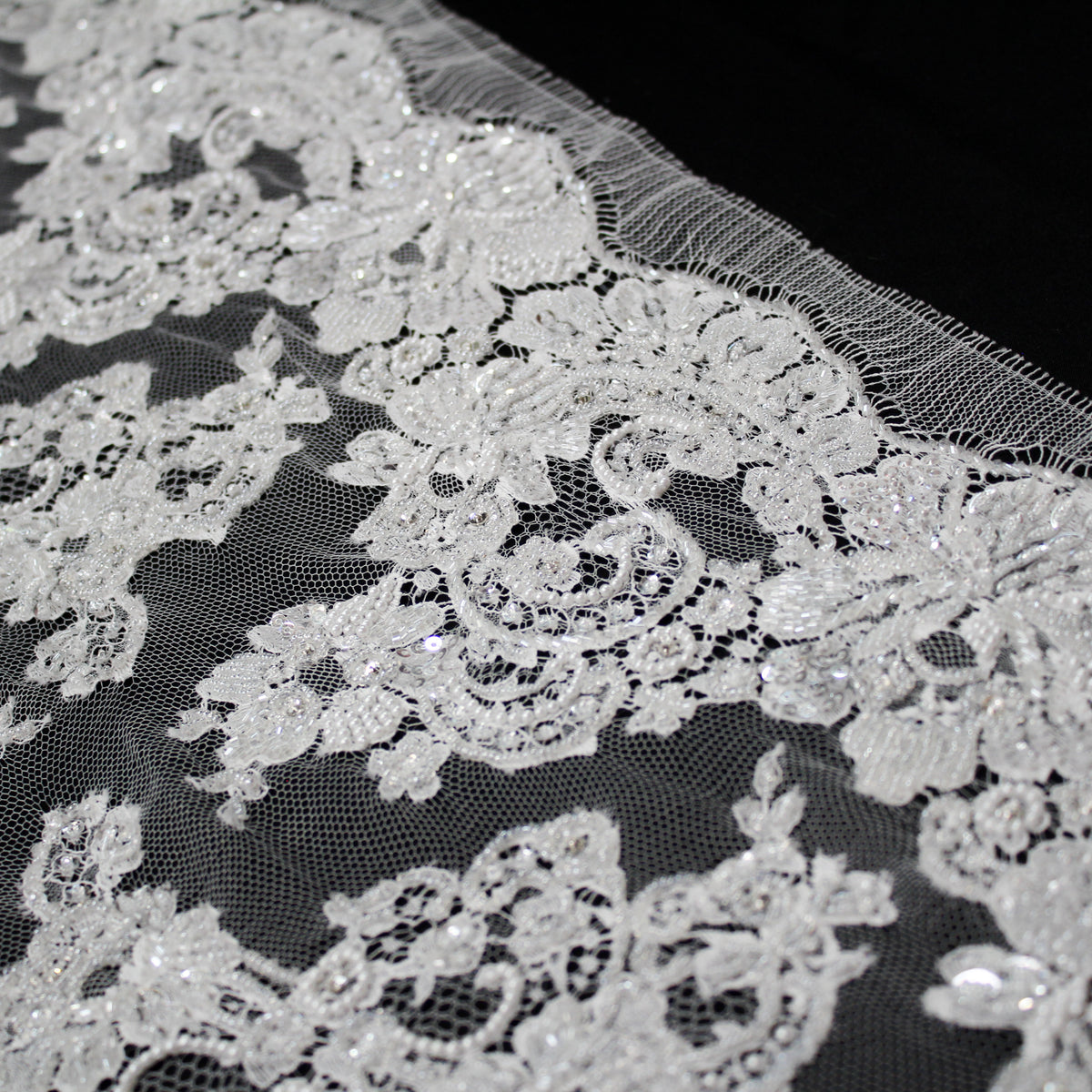 Haute Couture French Lace | Bridal Embroidered Lace with Pearls, Seed Beads, Sequins, S-Curve Vines & Double Floral Paisley Border | FRI1790