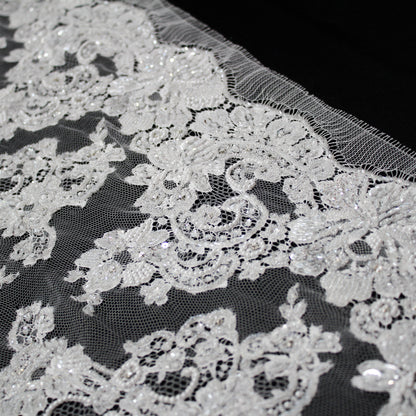 Haute Couture French Lace | Bridal Embroidered Lace with Pearls, Seed Beads, Sequins, S-Curve Vines & Double Floral Paisley Border | FRI1790