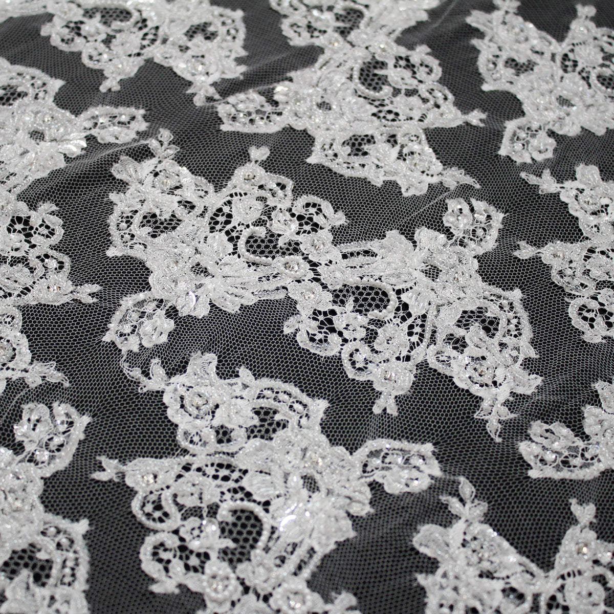 Haute Couture French Lace | Bridal Embroidered Lace with Pearls, Seed Beads, Sequins, S-Curve Vines & Double Floral Paisley Border | FRI1790