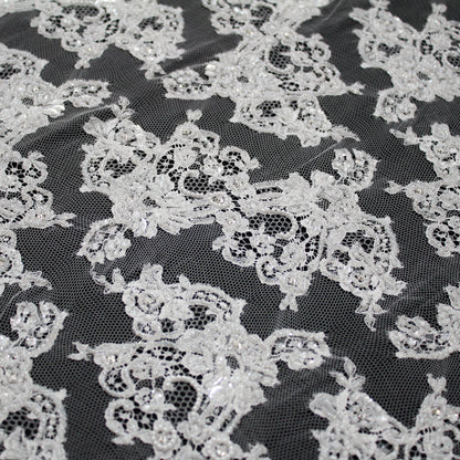 Haute Couture French Lace | Bridal Embroidered Lace with Pearls, Seed Beads, Sequins, S-Curve Vines & Double Floral Paisley Border | FRI1790