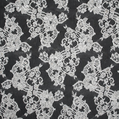 Haute Couture French Lace | Bridal Embroidered Lace with Pearls, Seed Beads, Sequins, S-Curve Vines & Double Floral Paisley Border | FRI1790