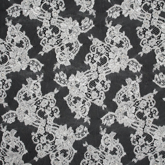 Pizzo Francese Alta Moda | Pizzo Ricamato Sposa con Perline, Corallini, Paillettes, Tralci ad "S" e Doppio Bordo Floreale e Paisley | FRI1790