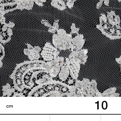 Haute Couture French Lace | Bridal Embroidered Lace with Pearls, Seed Beads, Sequins, S-Curve Vines & Double Floral Paisley Border | FRI1790