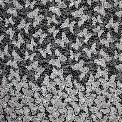 Pizzo Francese Alta Moda | Pizzo Ricamato Sposa con Perline, Paillettes, Corallini, Motivo Farfalle in Degradé e Doppio Smerlo | FRI2992
