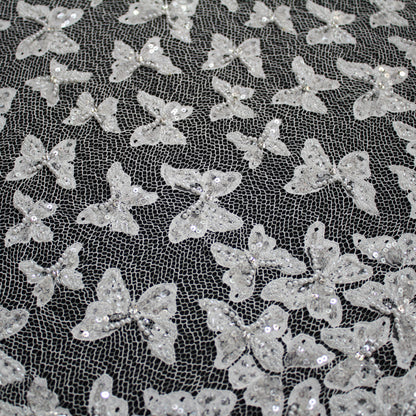 Pizzo Francese Alta Moda | Pizzo Ricamato Sposa con Perline, Paillettes, Corallini, Motivo Farfalle in Degradé e Doppio Smerlo | FRI2992