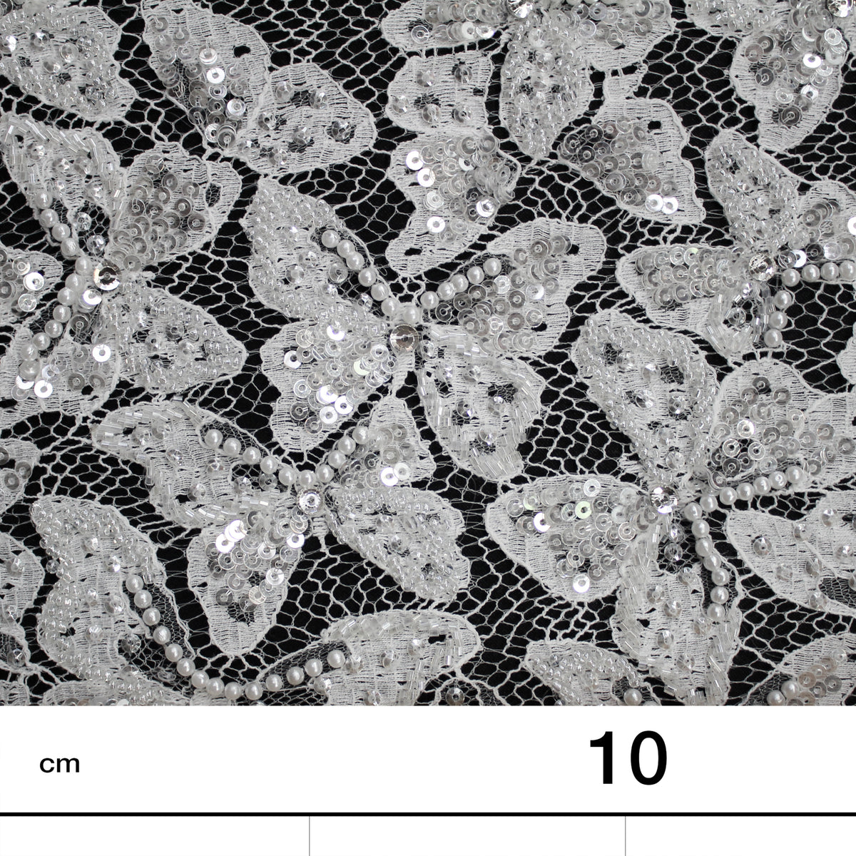 Pizzo Francese Alta Moda | Pizzo Ricamato Sposa con Perline, Paillettes, Corallini, Motivo Farfalle in Degradé e Doppio Smerlo | FRI2992