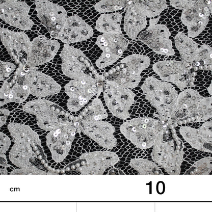 Pizzo Francese Alta Moda | Pizzo Ricamato Sposa con Perline, Paillettes, Corallini, Motivo Farfalle in Degradé e Doppio Smerlo | FRI2992