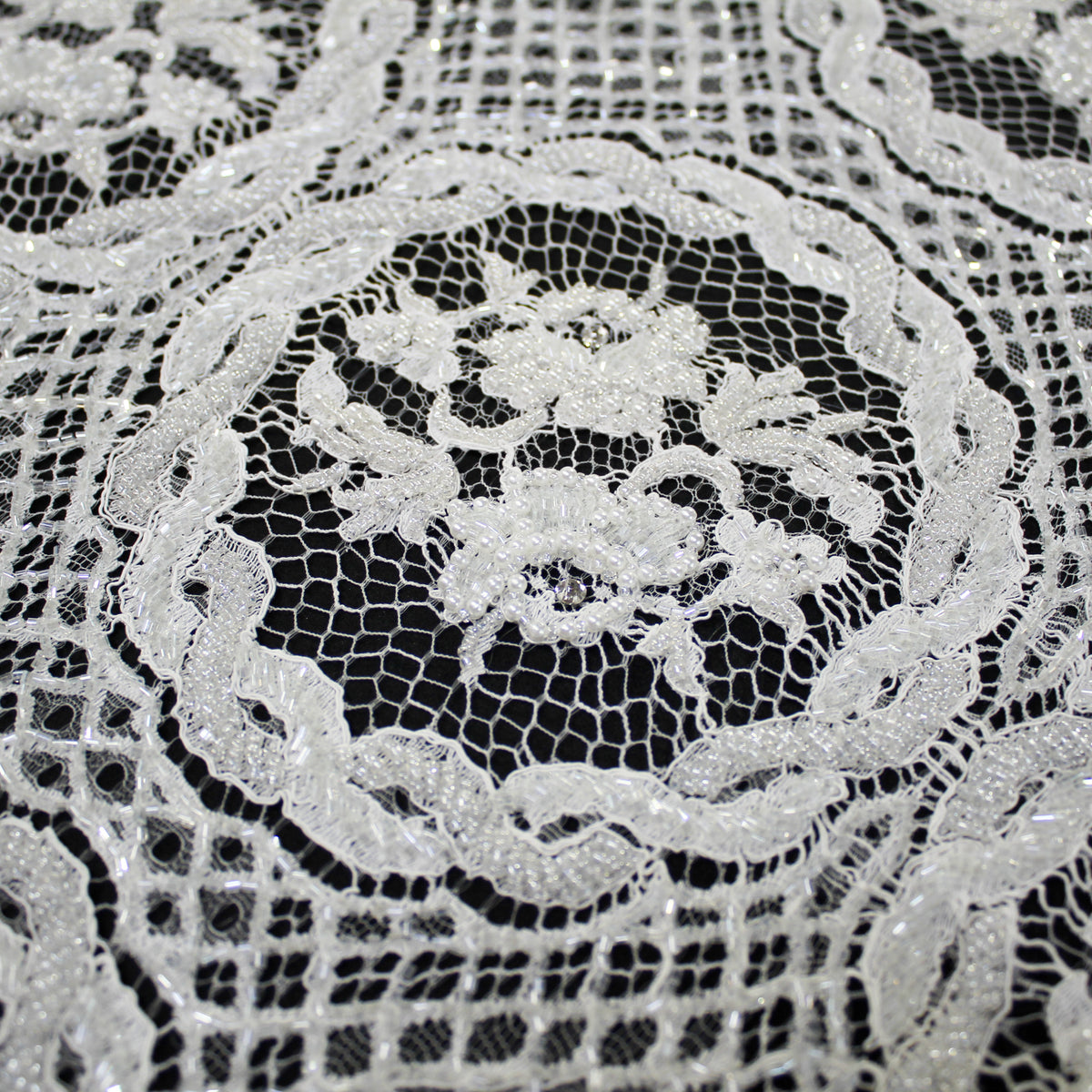 Haute Couture French Lace | Bridal Embroidered Lace with Pearls, Rhinestones, Sequins, Geometric Rosettes, Inner Floral Details & Double Scallop | FRI3478