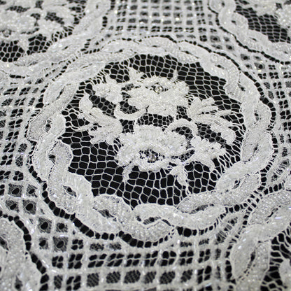 Haute Couture French Lace | Bridal Embroidered Lace with Pearls, Rhinestones, Sequins, Geometric Rosettes, Inner Floral Details & Double Scallop | FRI3478