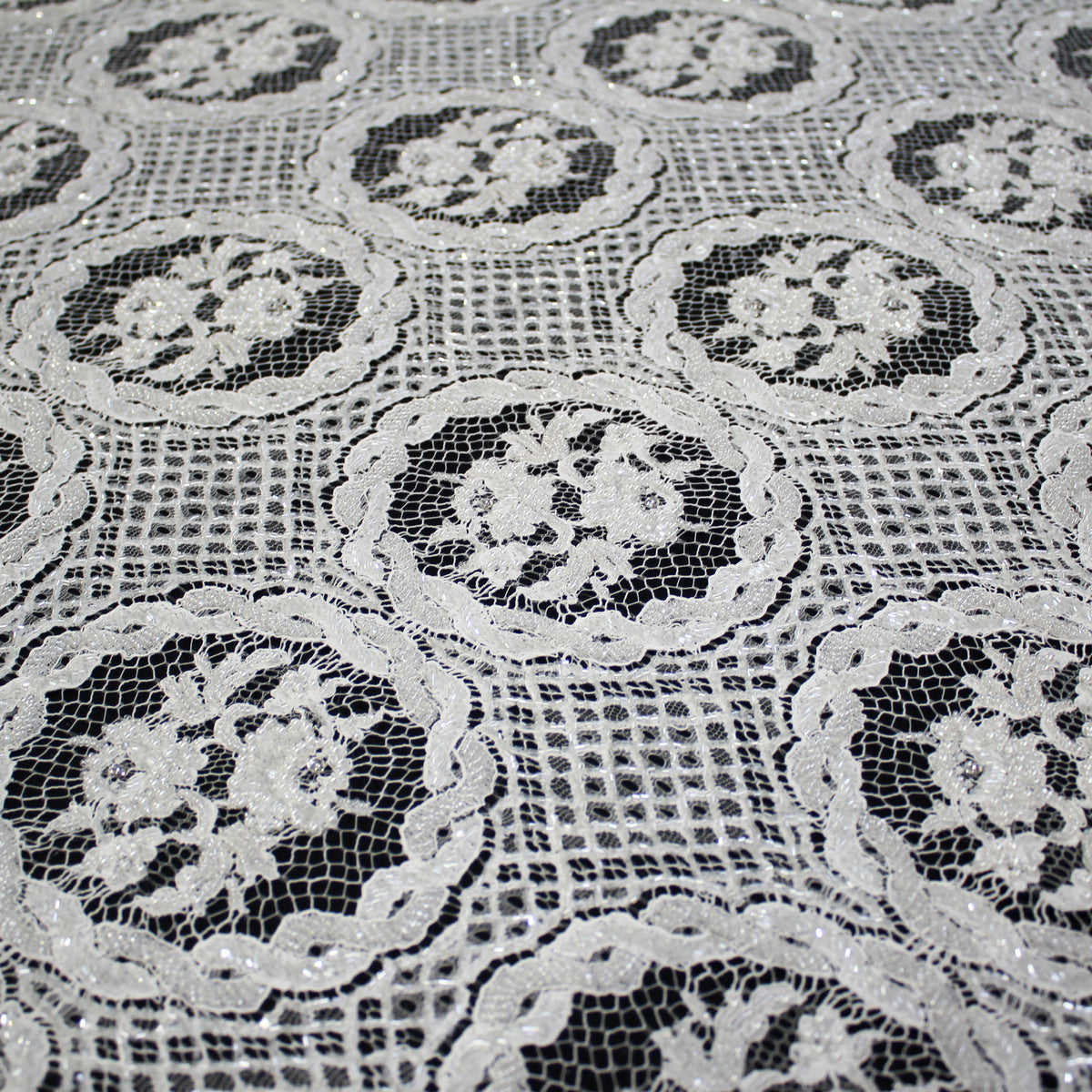 Haute Couture French Lace | Bridal Embroidered Lace with Pearls, Rhinestones, Sequins, Geometric Rosettes, Inner Floral Details & Double Scallop | FRI3478