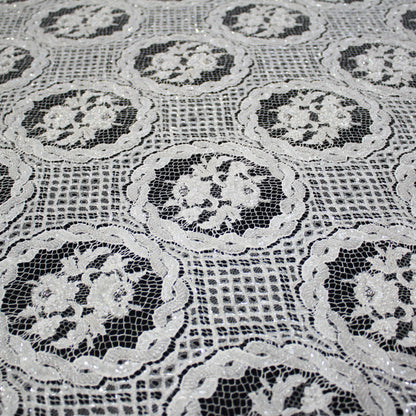 Haute Couture French Lace | Bridal Embroidered Lace with Pearls, Rhinestones, Sequins, Geometric Rosettes, Inner Floral Details & Double Scallop | FRI3478