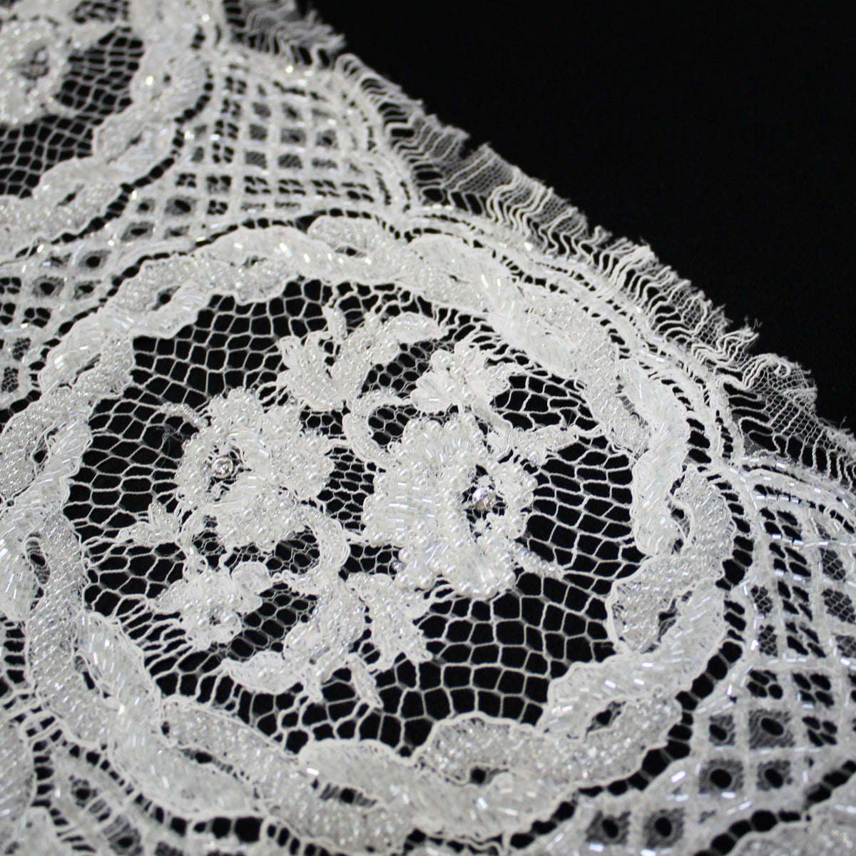 Haute Couture French Lace | Bridal Embroidered Lace with Pearls, Rhinestones, Sequins, Geometric Rosettes, Inner Floral Details & Double Scallop | FRI3478