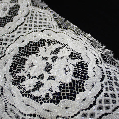 Haute Couture French Lace | Bridal Embroidered Lace with Pearls, Rhinestones, Sequins, Geometric Rosettes, Inner Floral Details & Double Scallop | FRI3478