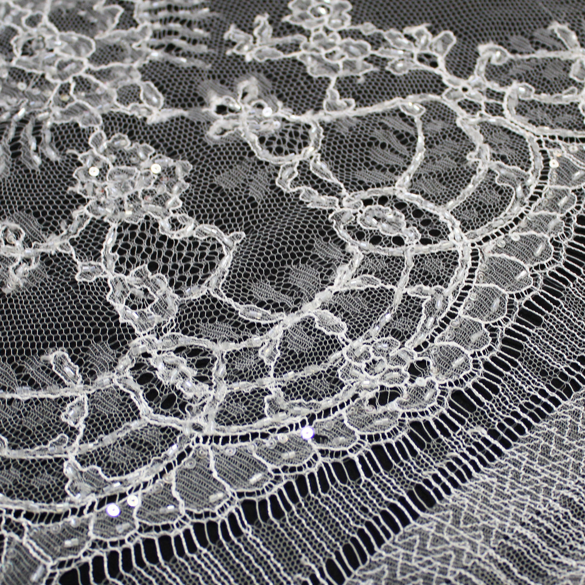 Haute Couture Lace | Bridal Ombré Embroidered Lace with Seed Beads, Sequins, All-Over Floral & Double Scallop | FRI625