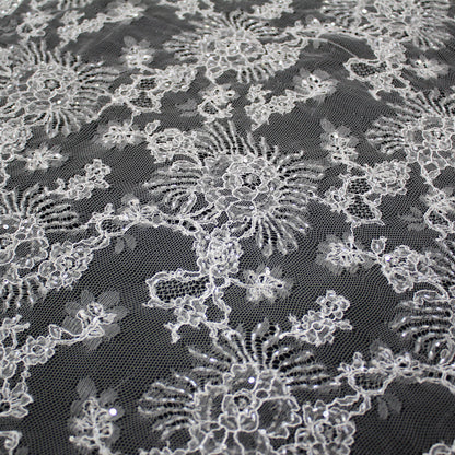 Haute Couture Lace | Bridal Ombré Embroidered Lace with Seed Beads, Sequins, All-Over Floral & Double Scallop | FRI625