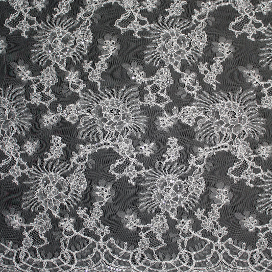 Haute Couture Lace | Bridal Ombré Embroidered Lace with Seed Beads, Sequins, All-Over Floral & Double Scallop | FRI625