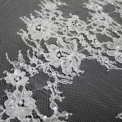 Haute Couture French Lace | Bridal Ombré Embroidered Lace with Rhinestones, Seed Beads, Sequins, Floral, Paisley & Double Scallop | FRI641