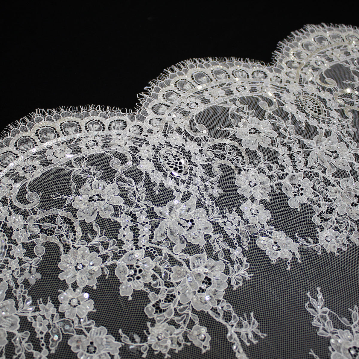 Haute Couture French Lace | Bridal Ombré Embroidered Lace with Rhinestones, Seed Beads, Sequins, Floral, Paisley & Double Scallop | FRI641