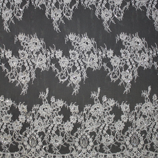 Haute Couture French Lace | Bridal Ombré Embroidered Lace with Rhinestones, Seed Beads, Sequins, Floral, Paisley & Double Scallop | FRI641