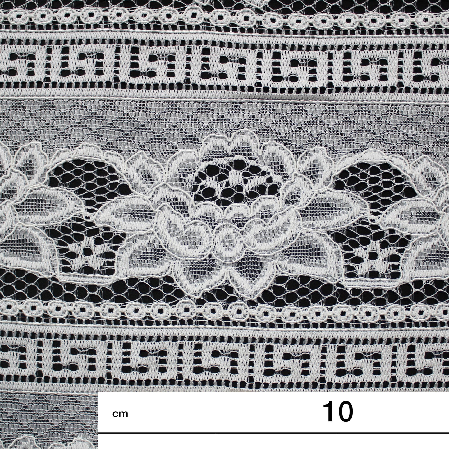 Re-embroidered Lace | Horizontal Bands with Geometric Pattern & Large Flowers | Double Scalloped Edge | H 140 cm | FSW2317
