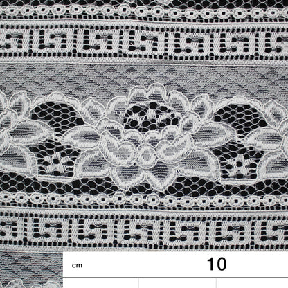 Re-embroidered Lace | Horizontal Bands with Geometric Pattern & Large Flowers | Double Scalloped Edge | H 140 cm | FSW2317