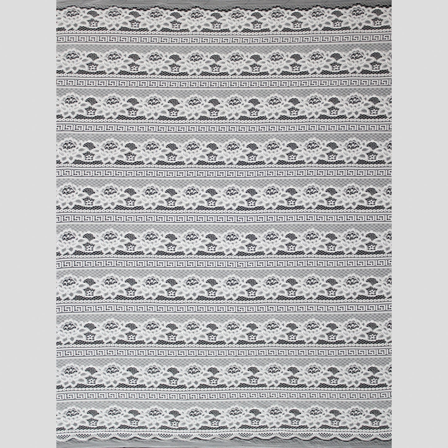 Re-embroidered Lace | Horizontal Bands with Geometric Pattern & Large Flowers | Double Scalloped Edge | H 140 cm | FSW2317