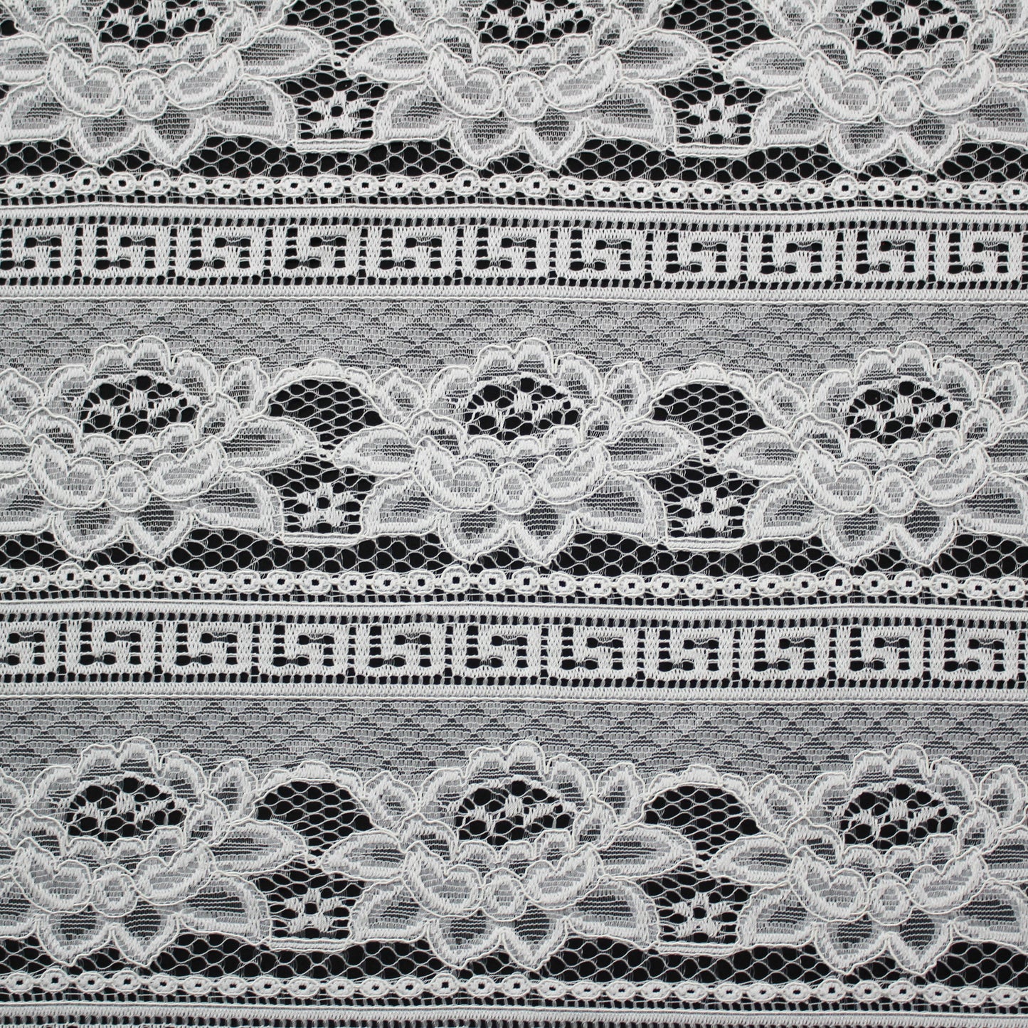 Re-embroidered Lace | Horizontal Bands with Geometric Pattern & Large Flowers | Double Scalloped Edge | H 140 cm | FSW2317