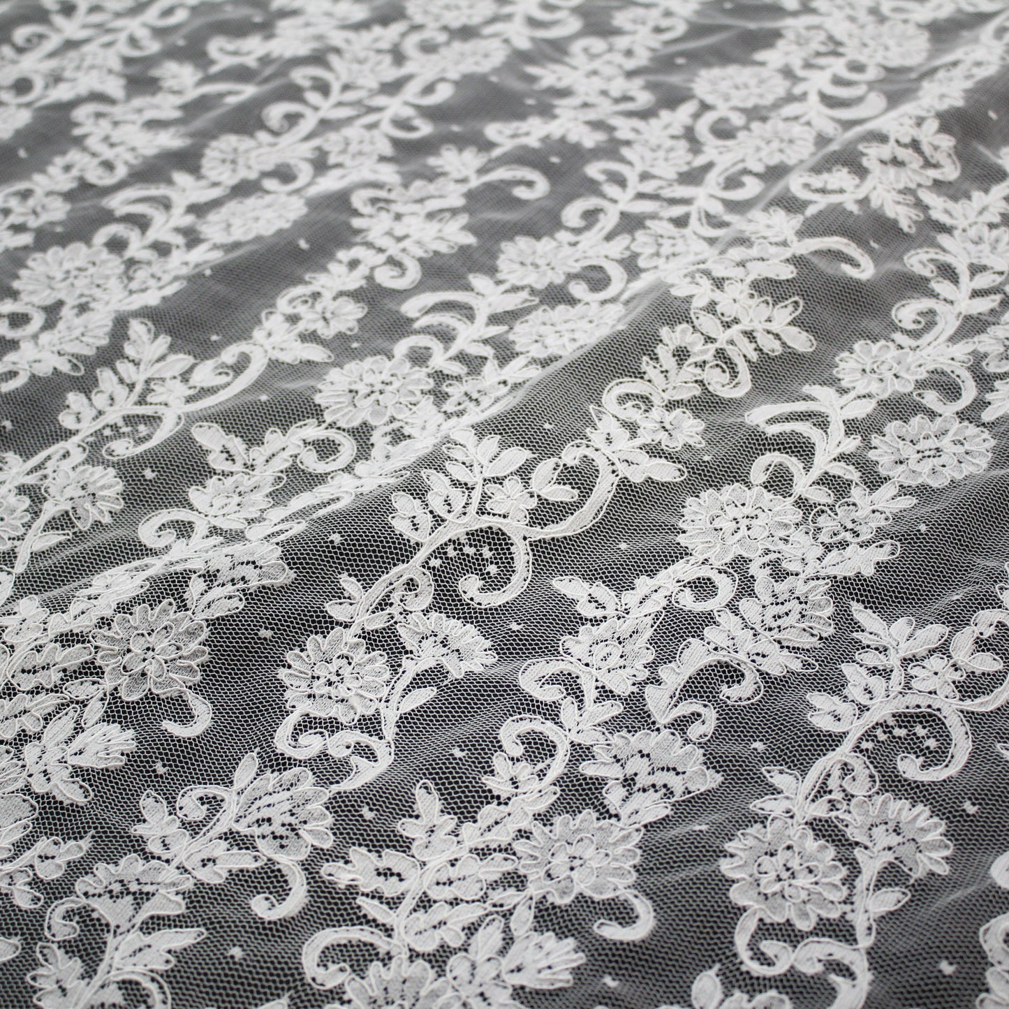 Re-embroidered Lace | Polka Dots & Vertical Floral Embroidery | Double Scalloped Edge | H 130 cm | FSW2827