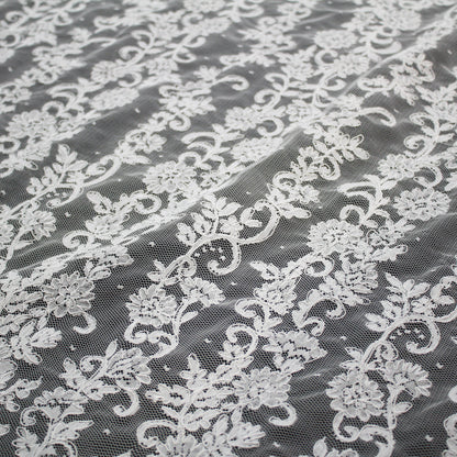 Re-embroidered Lace | Polka Dots & Vertical Floral Embroidery | Double Scalloped Edge | H 130 cm | FSW2827