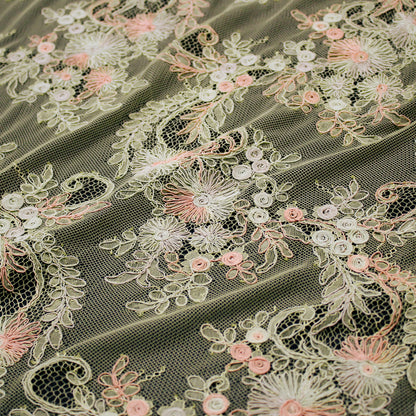 Re-embroidered Lace | Wavy Floral Branch Pattern | Double Paisley Scalloped Edge | H 135 cm | FSW2272
