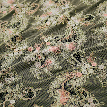 Re-embroidered Lace | Wavy Floral Branch Pattern | Double Paisley Scalloped Edge | H 135 cm | FSW2272