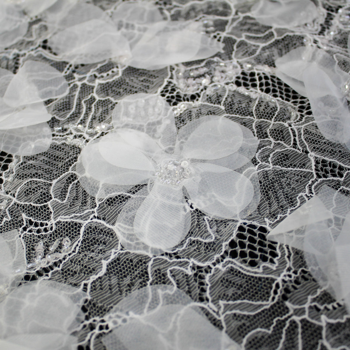 Haute Couture Lace | Bridal All-Over 3D Embroidered Lace with Pearls, Sequins, 3D Organza Flowers, Floral Motifs & Double Border | FRI3769