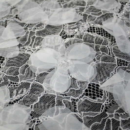 Haute Couture Lace | Bridal All-Over 3D Embroidered Lace with Pearls, Sequins, 3D Organza Flowers, Floral Motifs & Double Border | FRI3769