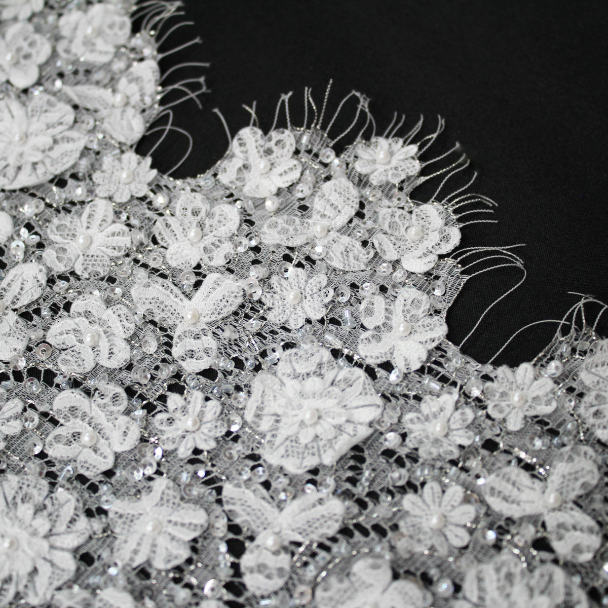 Haute Couture Lace | Bridal All-Over 3D Embroidered Lace with Pearls, Sequins, Small 3D Flowers & Double Scallop | FRI3513