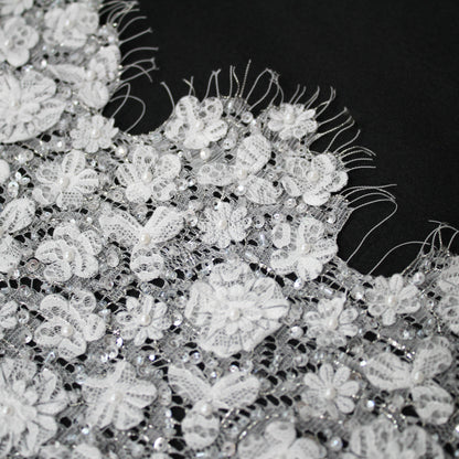 Haute Couture Lace | Bridal All-Over 3D Embroidered Lace with Pearls, Sequins, Small 3D Flowers & Double Scallop | FRI3513