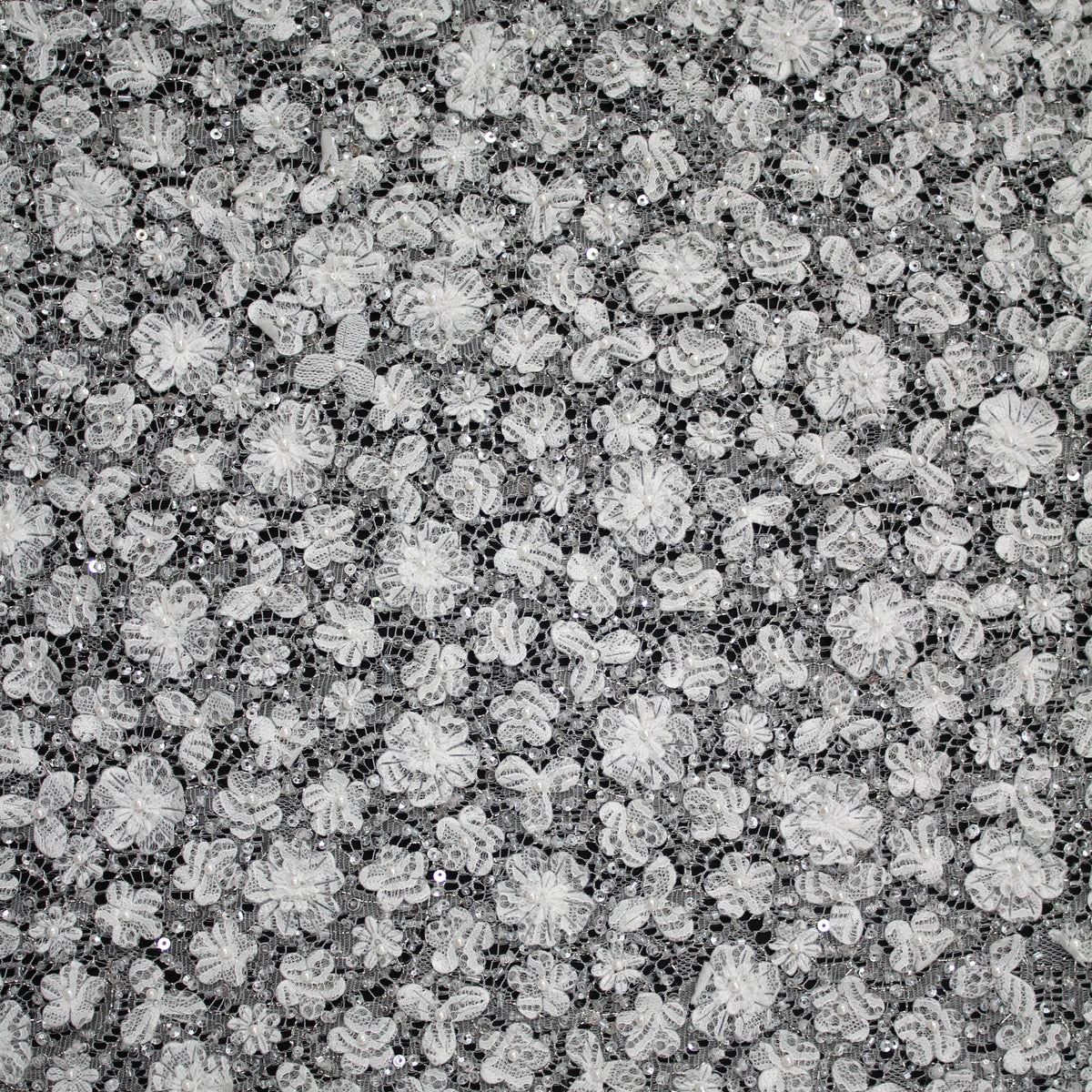 Haute Couture Lace | Bridal All-Over 3D Embroidered Lace with Pearls, Sequins, Small 3D Flowers & Double Scallop | FRI3513