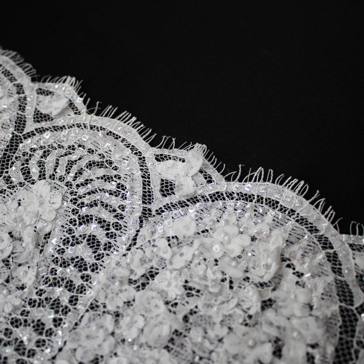 Haute Couture Lace | Bridal 3D Embroidered Lace with Sequins, Pearls, 3D Flowers, Abstract Snake Wave Motifs & Double Scallop | FRI3355