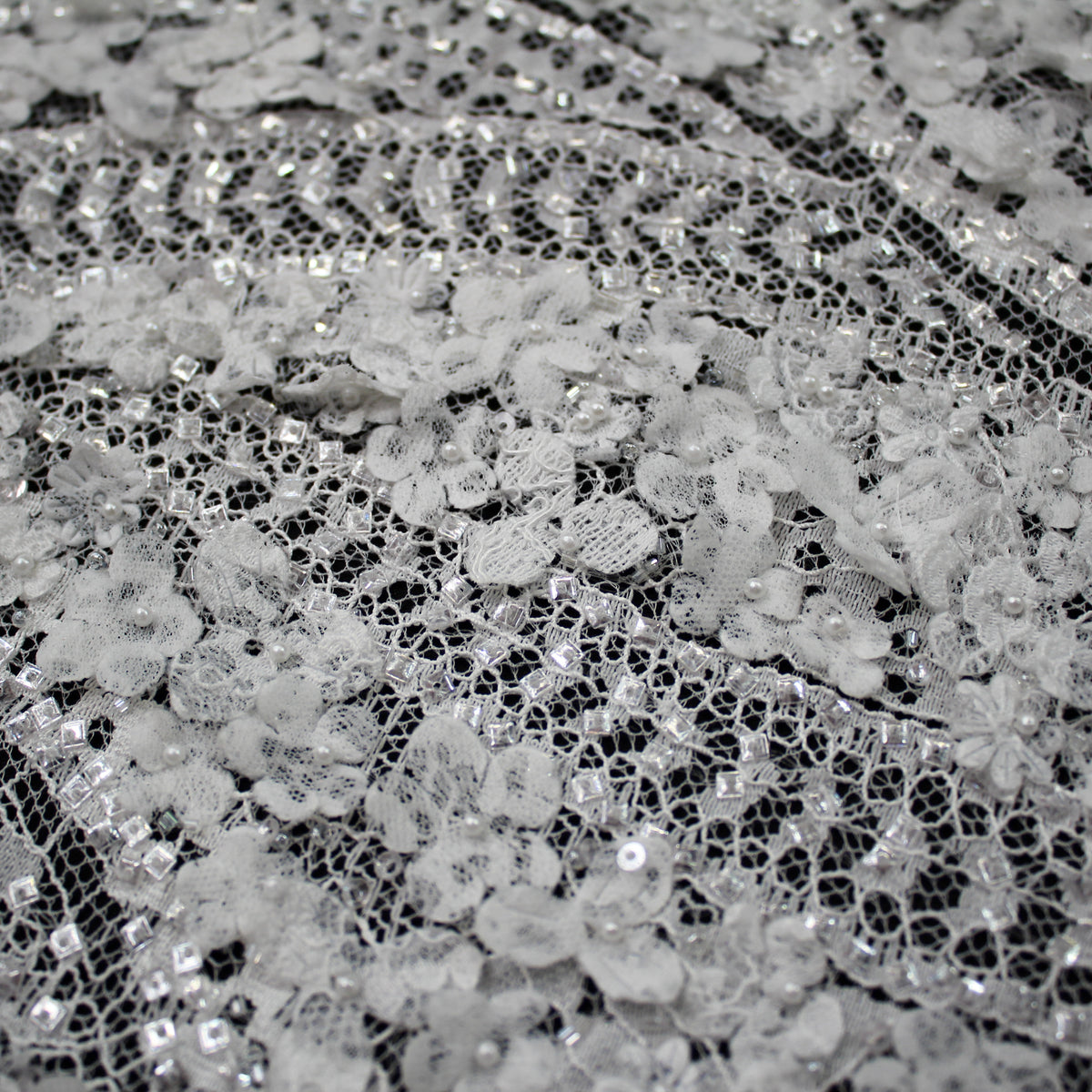Haute Couture Lace | Bridal 3D Embroidered Lace with Sequins, Pearls, 3D Flowers, Abstract Snake Wave Motifs & Double Scallop | FRI3355
