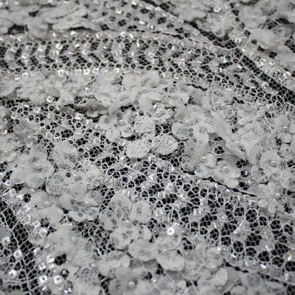 Haute Couture Lace | Bridal 3D Embroidered Lace with Sequins, Pearls, 3D Flowers, Abstract Snake Wave Motifs & Double Scallop | FRI3355