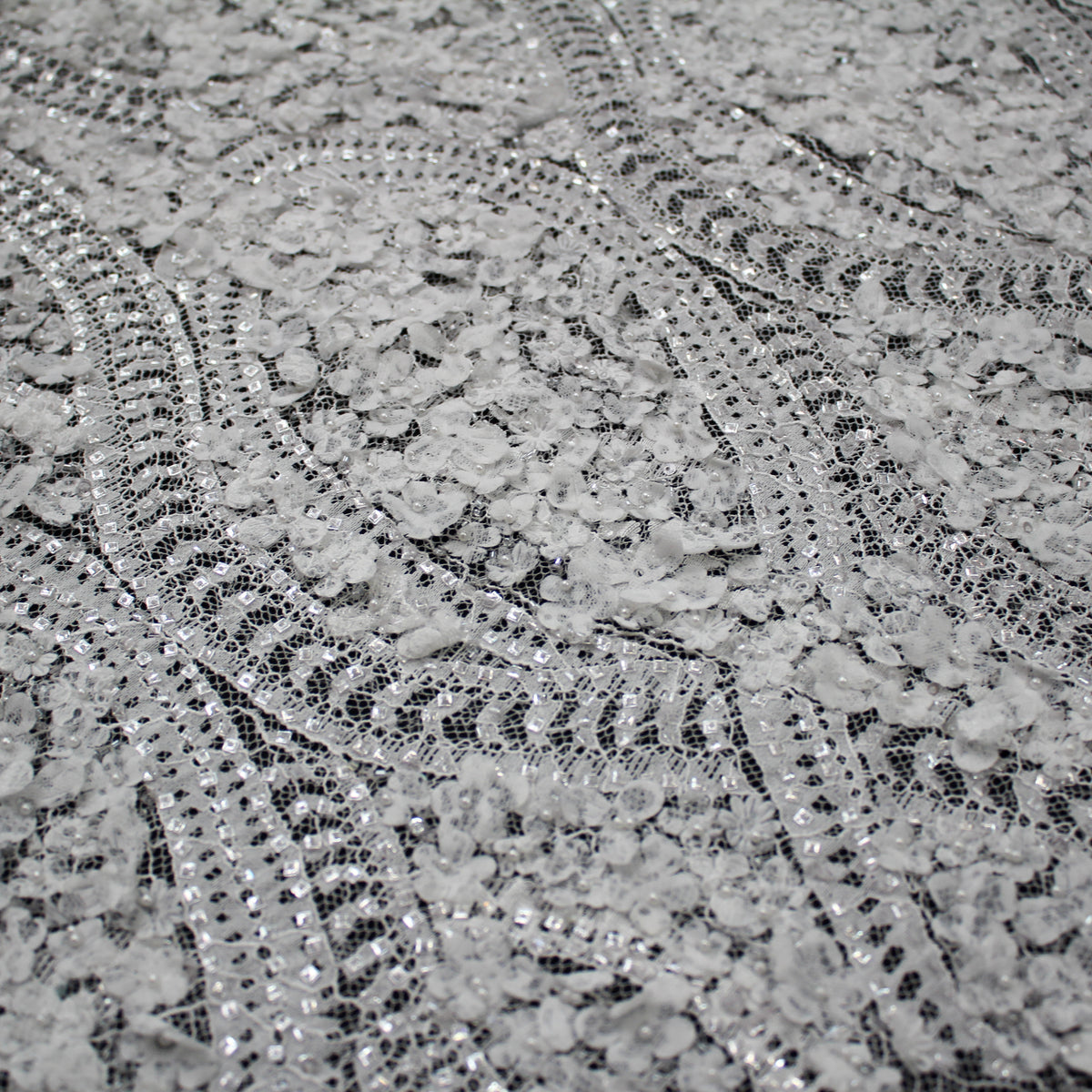 Haute Couture Lace | Bridal 3D Embroidered Lace with Sequins, Pearls, 3D Flowers, Abstract Snake Wave Motifs & Double Scallop | FRI3355