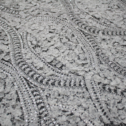 Haute Couture Lace | Bridal 3D Embroidered Lace with Sequins, Pearls, 3D Flowers, Abstract Snake Wave Motifs & Double Scallop | FRI3355