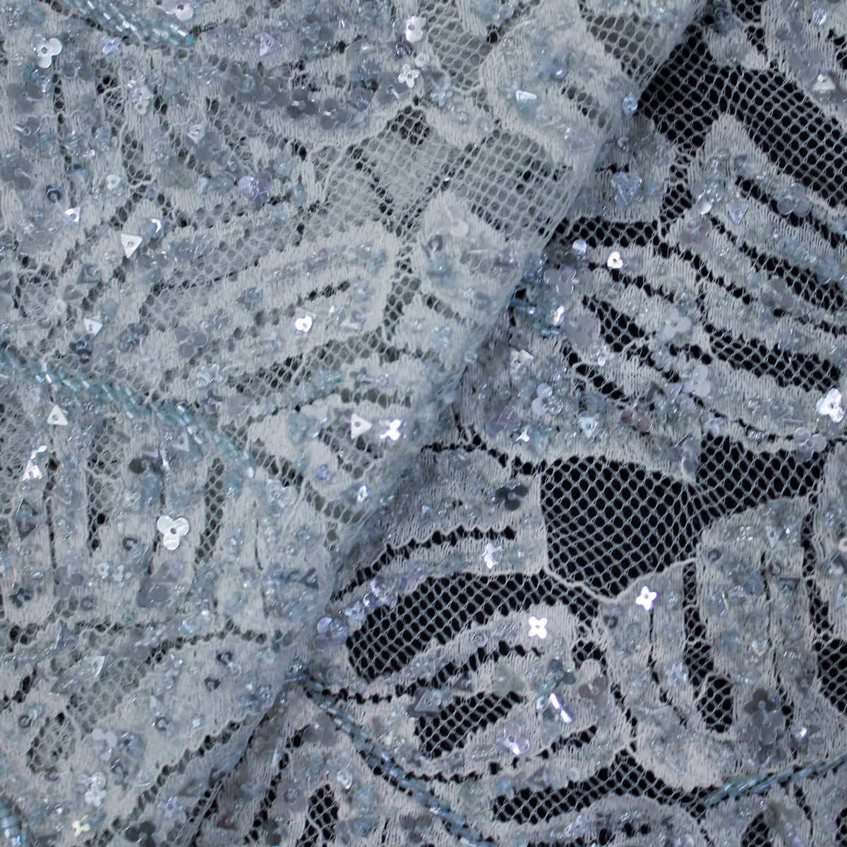 Haute Couture Lace | All-Over Embroidered Lace with Seed Beads, Sequins, Leaf Motifs & Double Scallop | FRI3588