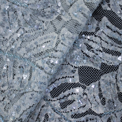 Haute Couture Lace | All-Over Embroidered Lace with Seed Beads, Sequins, Leaf Motifs & Double Scallop | FRI3588