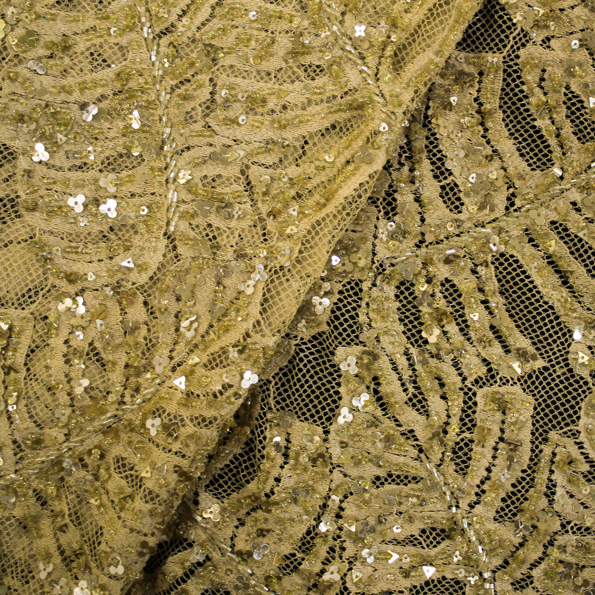 Haute Couture Lace | All-Over Embroidered Lace with Seed Beads, Sequins, Leaf Motifs & Double Scallop | FRI3588