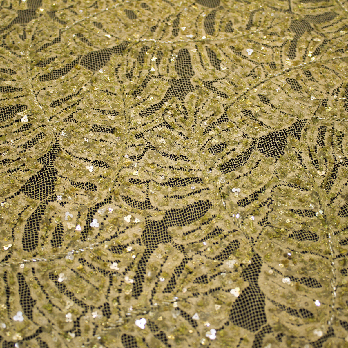 Haute Couture Lace | All-Over Embroidered Lace with Seed Beads, Sequins, Leaf Motifs & Double Scallop | FRI3588