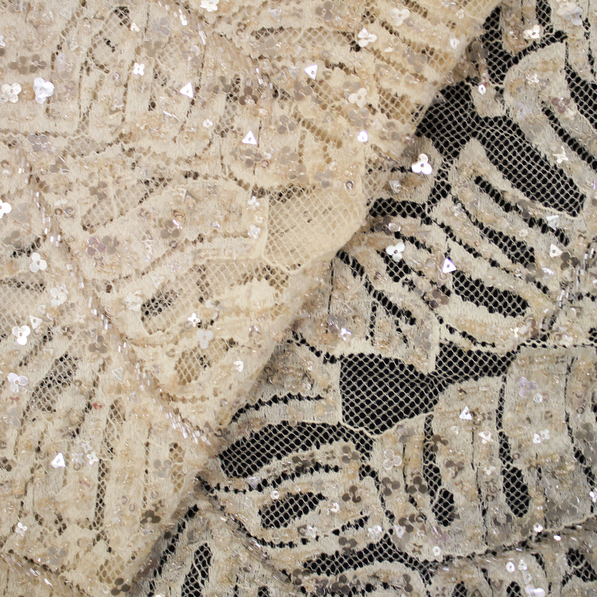 Haute Couture Lace | All-Over Embroidered Lace with Seed Beads, Sequins, Leaf Motifs & Double Scallop | FRI3588