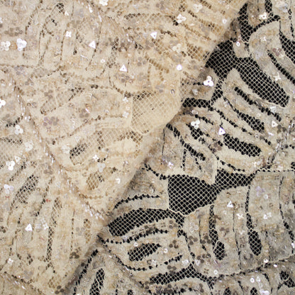 Haute Couture Lace | All-Over Embroidered Lace with Seed Beads, Sequins, Leaf Motifs & Double Scallop | FRI3588