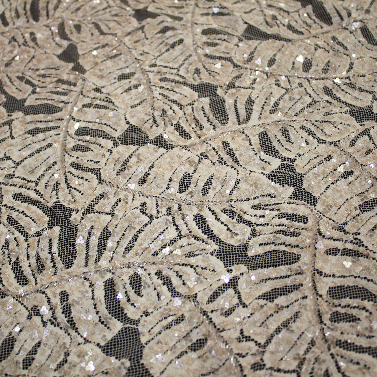 Haute Couture Lace | All-Over Embroidered Lace with Seed Beads, Sequins, Leaf Motifs & Double Scallop | FRI3588