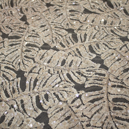 Haute Couture Lace | All-Over Embroidered Lace with Seed Beads, Sequins, Leaf Motifs & Double Scallop | FRI3588