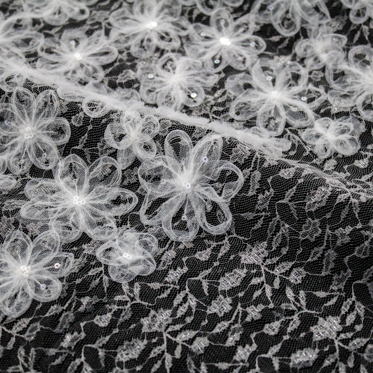 Embroidered Lace with 3D Tulle Flowers and Sequins